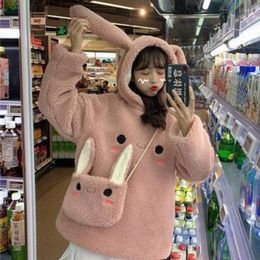 Women's Hoodies Kawaii Ears Hooded Sweatshirts Women Imitation Lamb Plush Thick Loose Casual Pullovers Autumn Winter Warm Leisure