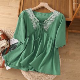 Women's Blouses Chinese Style Embroidery Shirts Summer 2023 Solid V-neck Ladies Clothing Loos Cotton Linen Tops YCMYUNYAN