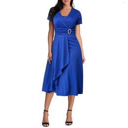 Casual Dresses Women Vintage Solid V Neck Short Sleeve Party Ruffled Summer Wrap Dress Swing Long For