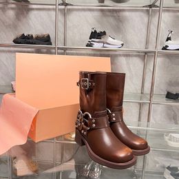 Luxury Designer Boots Harness Belt Buckled cowhide leather Biker Knee Boots chunky heel zip Knight boots Fashion square toe Ankle Booties Western boots 35-40 NB01