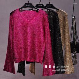 Women's Sweaters Cakucool Women Gold Lurex Knit Top Pullover Sequined V-neck Long Flare Sleeve Jumpers Beading Thin Sweater Shirt Female