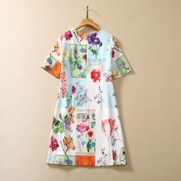 Summer Multicolor Floral Print Dress Short Sleeve Round Neck Short Casual Dresses S3G040804