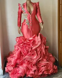 2023 Aso Ebi Arabic Water Melon Mermaid Prom Dress Lace Beaded Evening Formal Party Second Reception Birthday Engagement Gowns Dresses Robe De Soiree ZJ235