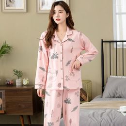 Women's Sleepwear Ladies Pyjamas Set Full Cotton Floral Printed Pyjamas Women 2Pcs Turn-down Neck Shirt Pants Comfort Nature M-XXXXL