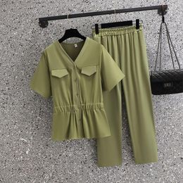 Women's Two Piece Pants Summer Suit With Green V Neck Blouse Two-piece Set Wide Leg Trouser Suits For Women Oversize Tracksuit Outfit 2023