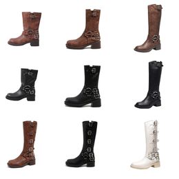 Australia designer boots woman Harness Belt Buckled cowhide leather Biker over the knee Boots chunky heel zip Knight womens boots Fashion square toe Ankle Booties