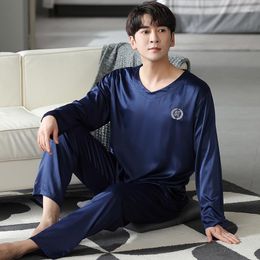 Men's Sleepwear Spring Men Satin Silk Pyjamas Set Solid Long Sleeve V-Neck Casual Loose M-4XL Male Pijamas