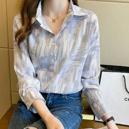 Women's Blouses 2023 Spring Versatile Fresh White Retro Hong Kong Flavor Grey Blue Print Halo Dyed Shirt Blouse Top