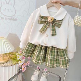 Clothing Sets College Style Baby Girls 2023 Autumn Children Bow Coats Plaid Skirt Kids Tracksuit Infant Outfits Princess Clothes