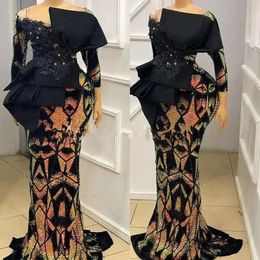Chic Long Sleeves Mermaid Evening Dresses 2023 Off The Shoulder Ruched Bow Appliques Arabic African Special Occasion Wear Black Celebrity Party Gowns