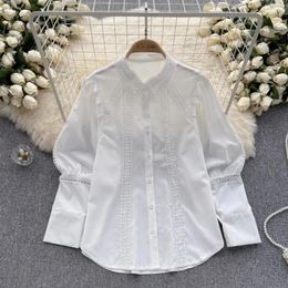 Women's Blouses French Chic Elegant Blouse For Women Hollow Out Floral Crochet Turn-down Collar Loose Shirts Summer Versatile Tops Drop