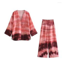 Women's Sleepwear Satin Pyjamas For Women Fashion Tie Dye Autumn Shirt Pant Set Long Sleeve Button High Waist Trouser Female Home Suit