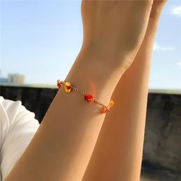 Link Bracelets Boho Summer Red Yellow Wafer Flower Bead Bracelet For Women Ladies Gold Color Chain Adjustable Party Jewelry Gift