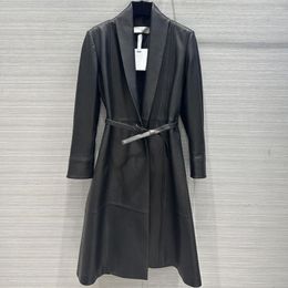 Women's Leather Genuine Women Autumn Winter Black Sheepskin Turn-down Collar Belted Long Coat Office Lady Elegant Slim Female Clothes