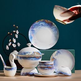 Dinnerware Sets Bone China Tableware Suit Chinese Bowl And Dish Set Household Golden Edge Creative Bowls Dishes