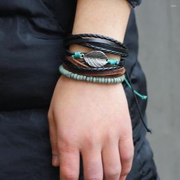 Charm Bracelets 2023 Men's Leather Bracelet Hand-woven Multi-Band Combination Delicate Alloy Leaf Beaded Ornament Daily Wearing