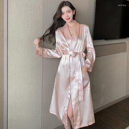 Women's Sleepwear Robe Pyjamas Home Clothes Long Sleeve Sweet Nightdress Loose Solid Dress Bathrobe Korean Sexy Underwear Satin