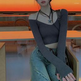 Women's Sweaters Long Sleeve Off Shoulder Y2k Aesthetic Fairy Grunge Grey Cropped Sling Tops Korean Style Kittted Sweet Clothing