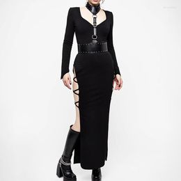 Casual Dresses Goth Dark High Split Side Mall Gothic Bandage Women Sexy Long Sleeve Grunge Aesthetic Dress Party Skinny Backless Outfit