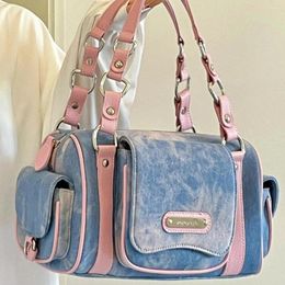 Evening Bags Retro American Fashion High Capacity Handbag Denim Fabric Pink Women Bag Tote Multiple Pockets Large Crossbody