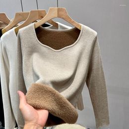 Women's Sweaters Fleece Thick Knitwear Slim Fit Warm Long Sleeve Sweater Winter 2023 Low Neck Integrated Velvet Top