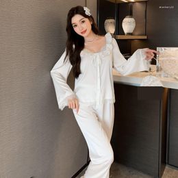 Women's Sleepwear White Women Lingerie Spring Autumn Pajamas Set Rayon Long Sleeve Shirt&Trouser Pyjamas Suit Casual Home Clothes
