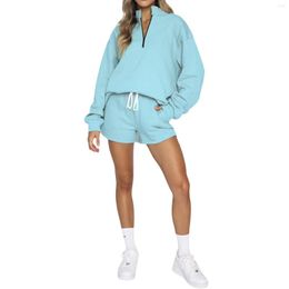 Women's Shorts 2 Piece Jogging Outfits Fashion Long Sleeve Half Zip High Neck Sweatshirt Set Loungewear