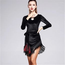 Stage Wear Fashion Sexy Long Sleeve Velvet Black Latin Dance Tassel Dress For Women/female Ballroom Tango Modern Rumba Costumes