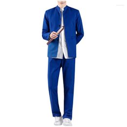 Men's Suits Chinese Style Stand Collar Suit 2 Piece Men Blazer Jacket And Lace Up Trousers 2023 Pure Colour Wedding Dress Sets