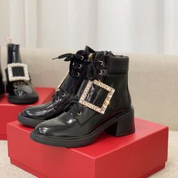 Rhinestone buckle Leather lace-up Chunky Martin combat ankle boots Fashion Round-toe Platform Dress shoes luxury designer booties women With box 6cm