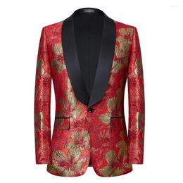 Men's Suits Man Red Floral Jacquard Wedding Tuxedo For Groomsmen Men Shawl Lapel Jacket Formal Business Blazer