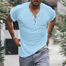Men's T Shirts Henly Collar Shirt Mens Casual Pure Colour Button V Neck T-shirts For Men Summer Classic Tops Male Fashion Tee Oversize
