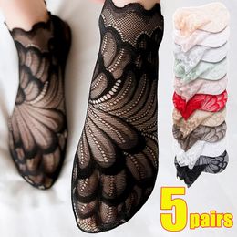 Women Socks 5Pairs Flower Mesh High Quality Lace Sock Transparent Summer Thin Lady Girl Short Sox Breathable Elastic Calcetines