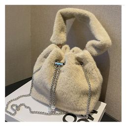Evening Bags 2023 Winter Bucket Bag Chain Top Handle Tote For Women Trend Designer Fashion Small Soft Faux Fur Kawaii Handbags And Purse