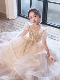 Elegant Crystal Tulle Flower Girl Evening Kids Birthday Feather Lace Princess Dress Floral Formal Wears Party Communion Pageant Gown 403