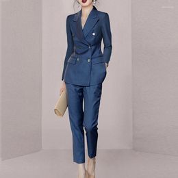 Women's Two Piece Pants Korean Double Breasted Blazer Jacket And Pencil Pant Suit Autumn Office Lady Elegant 2 Set Women Outfits Ensemble