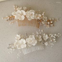 Hair Clips Original Design Handmade Ceramic Flower Comb Metal Leaf Rhinestone Bridal Wedding Accessories Women Jewellery