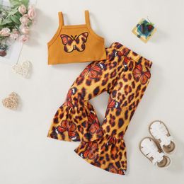 Clothing Sets Infant Baby Girls Pants Set Butterfly Sleeveless Camisole Tops Leopard Print High Waist Stretch Flared Trousers 1-5T