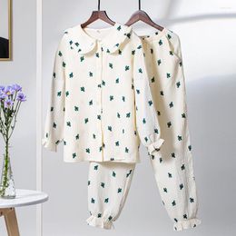 Women's Sleepwear Autumn Style Pajamas Women Cotton Long-sleeved Trousers Suit Cactus Cardigan Home Service Set