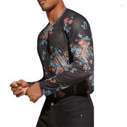 Men's T Shirts Vintage Floral Print Mesh Shirt Men Fashion Transparent Slim Elastic Basic T-shirts Nightclub Mens Tops Fall Retro Pullovers