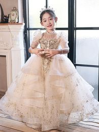 Graceful Flower Girl Dresses For Wedding Long Lace Toddler Gowns Tulle Holy First Communion Dress Kids Pageant Shiny Bling Child Bride Vestidos De Novia 403