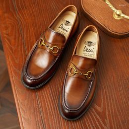 Dress Shoes Top Quality Full Grain Leather Men Summer Business Formal Slip On Metal Decorated Moccasins