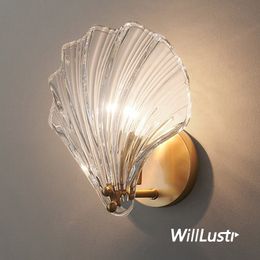 Creative Glass Shell Wall Lamp Copper Metal Sconce Light Luxury Bedside Bar Hotel Cafe Corridor Porch Amber Clear Lighting