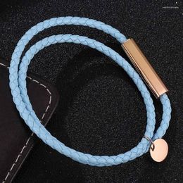 Charm Bracelets Fashion Jewelry Blue Double Leather Rope Bracelet For Women Men Stainless Steel Magnetic Buckle Couples FR0705