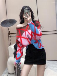 Women's Sweaters Korean Chic Women 2023 Autumn Contrast Color Long Sleeve Argyle Soft Waxy Knitwear Round Neck Loose Sweet Pullover