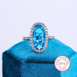 Cluster Rings Stylish S925 Silver Ring For Women Classic Blue Oval Zircon Fashion Party Jewelry Wedding Bridal Sterling