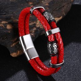 Charm Bracelets Punk Black Red Brown Double Leather Stainless Steel Magnetic Clasp Braided Bangles For Men Trendy Male Jewelry SP1356