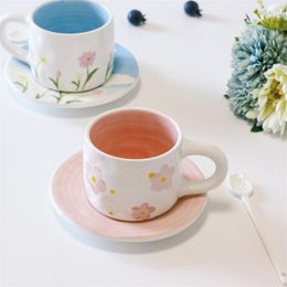 Cups Saucers Korean Ceramic Cup And Saucer Girl Heart Cherry Blossom Handmade Romantic Afternoon Tea Coffee Set Couple Gift