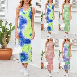 Casual Dresses Women'S Fashion Retro Dress Sexy Slim Party Round Neck Skirt Tie-Dye Print Wrap Hip Sleeveless Tank