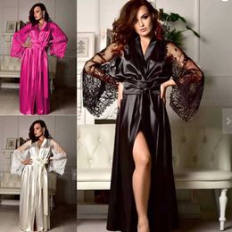Women Sexy Silk Dressing Sleepwear Babydoll Lace Lingerie Belt Bath Robe Nightwear Plus Size Female Bathrobes0HZD